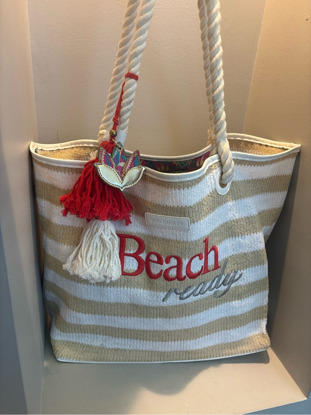 Beach Striped Tote Bag w/ tassels- gold water ocean travel floral interior fob